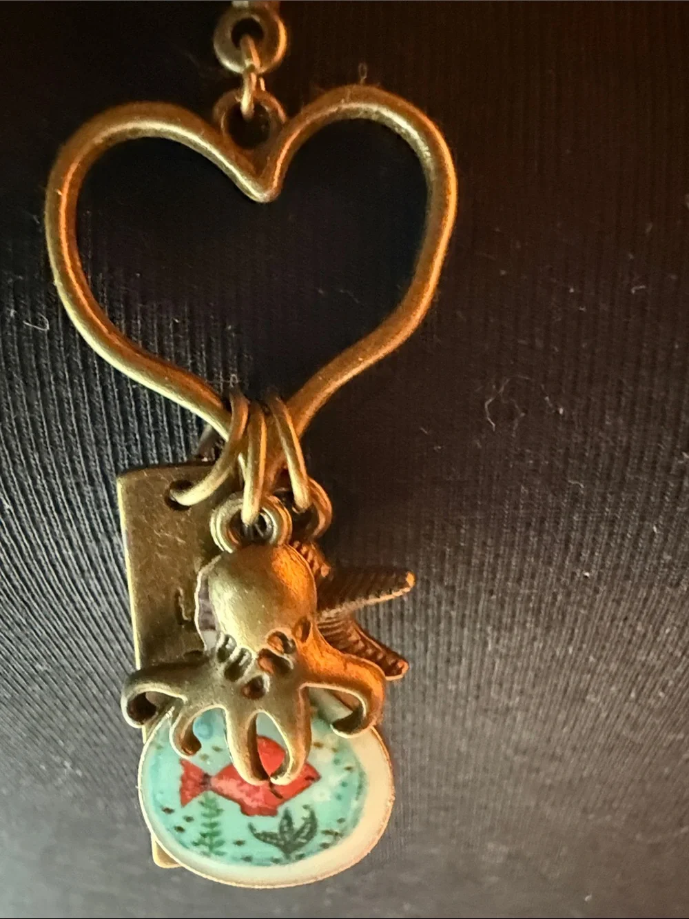 Vintage-Inspired Heart Pendant 26” Necklace with Fish Charm - Antique Brass